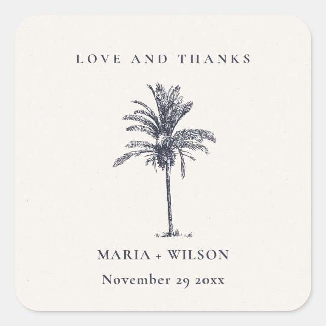 Sticker Carré Palmier Tropical Marine Kraft Mariage Merci (Devant)