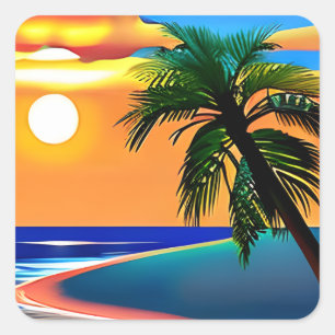 Sticker Carré Palmiers tropicaux et couleur océan