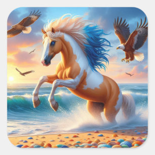 Sticker Carré Palomino Paint Horse Océan