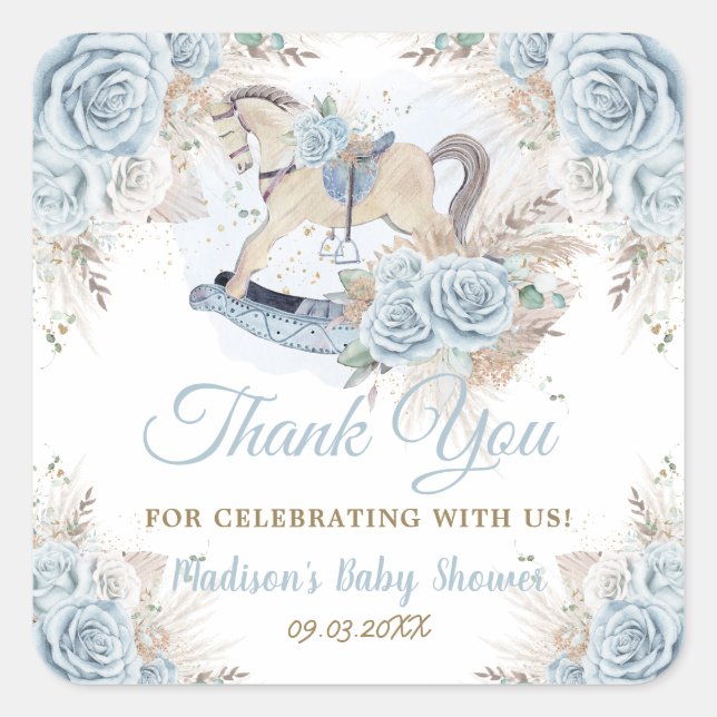 Sticker Carré Pampas Grass Blue Floral Rocse Baby shower (Devant)