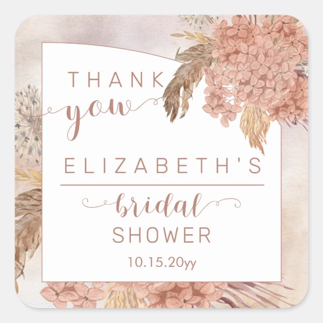 Sticker Carré Pampas Grass | Hydrangeas Fête des mariées Merci (Devant)