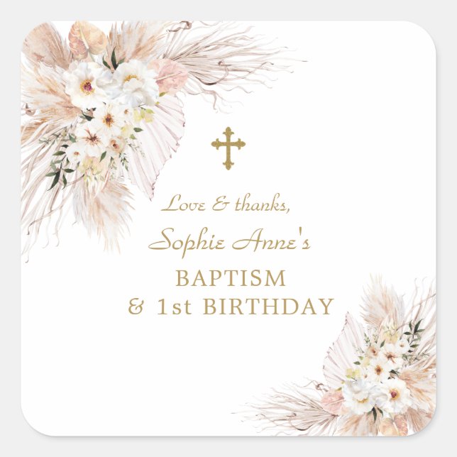 Sticker Carré Pampas Rose Désert Grass 1er Anniversaire Baptême (Devant)