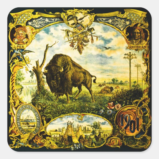 Sticker Carré Pan Am Expo avec bison et motifs amérindiens (Devant)