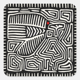 Sticker Carré Panama Kuna Indian Mola Pajaro - noir blanc