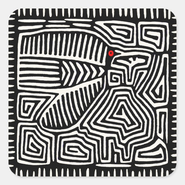 Sticker Carré Panama Kuna Indian Mola Pajaro - noir blanc (Devant)