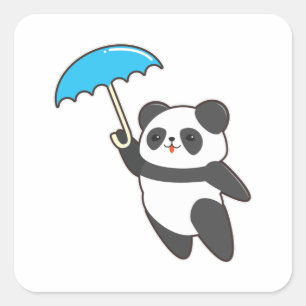 Sticker Carré Panda à la pluie avec parapluie