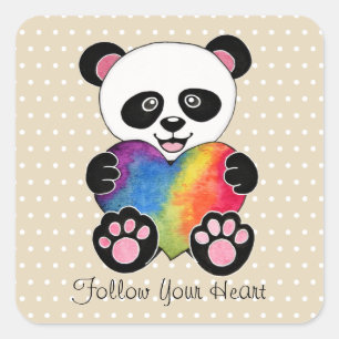 Sticker Carré Panda Aquarelle Cute Avec Coeur Arc En Ciel