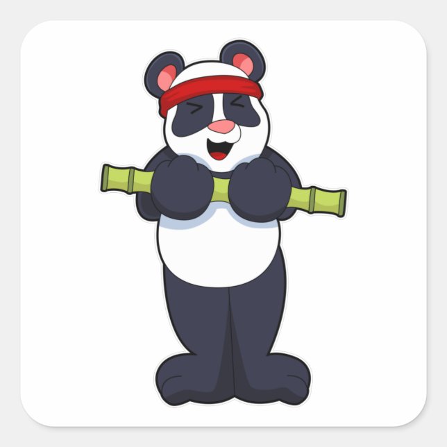 Sticker Carré Panda au travail avec le poids du bambou (Devant)
