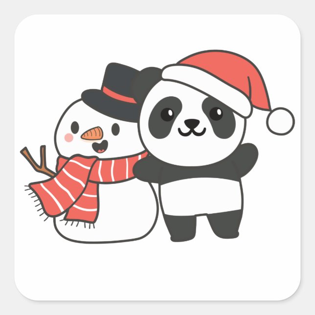 Sticker Carré Panda Avec Snowman En Hiver Pour Noël Carré (Devant)