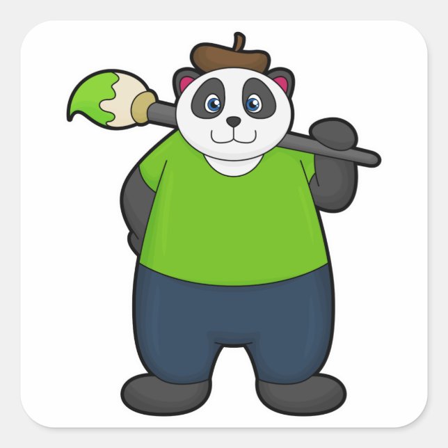 Sticker Carré Panda comme peintre avec pinceau (Devant)