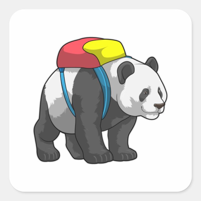 Sticker Carré Panda comme randonneur avec sac à dos (Devant)