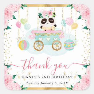 Sticker Carré Panda de cirque floral rose aquarelle pour anniver