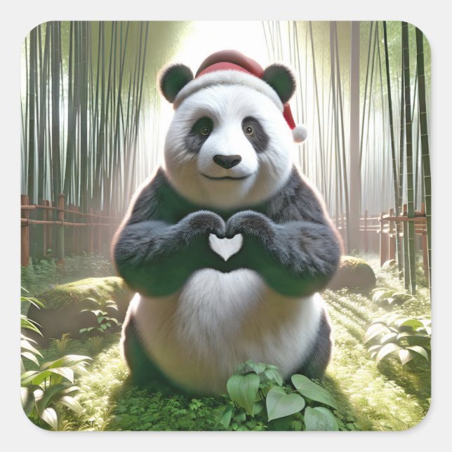 Sticker Carré Panda de Noël en plein coeur (Devant)