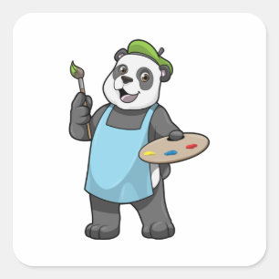 Sticker Carré Panda en peintre avec pinceau et couleur