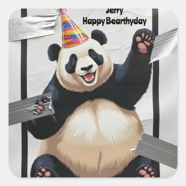 Sticker Carré Panda géant assis avec un casquette d'anniversaire (Devant)