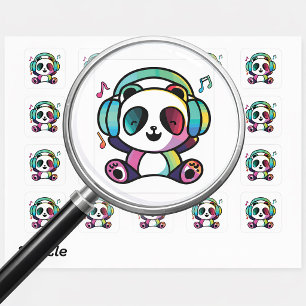 Sticker Carré Panda heureux avec des écouteurs en train d'écoute