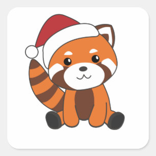 Sticker Carré Panda Rouge Noël Neige Animaux d'hiver Pandas