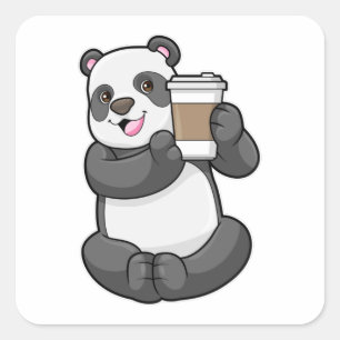 Sticker Carré Panda with Coffee to go