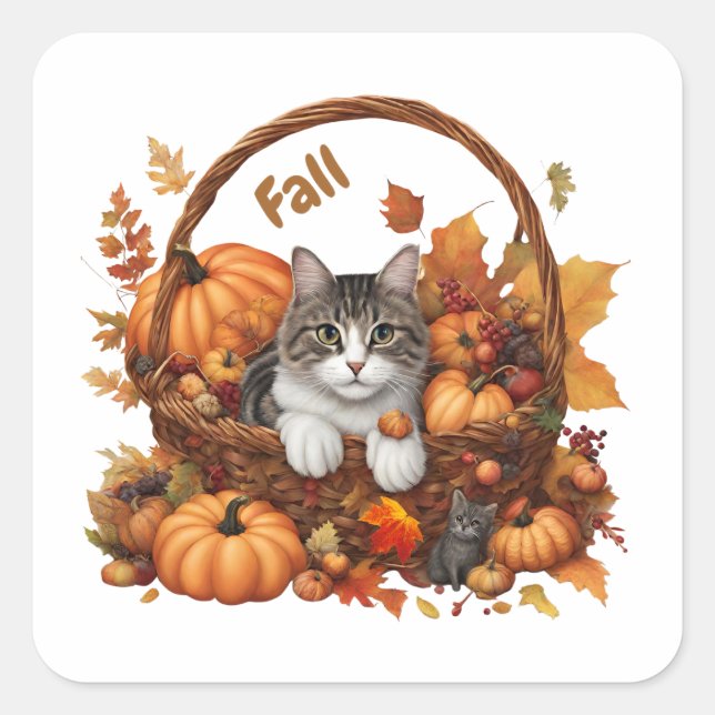 Sticker Carré Panier Citrouille d'automne avec de mignons chats (Devant)
