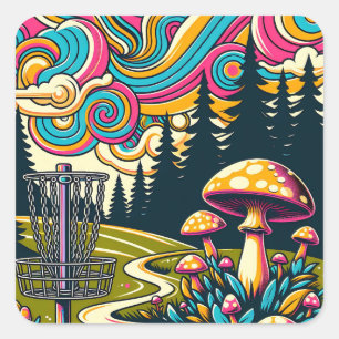 Sticker Carré Panier de golf à disque psychédélique et champigno