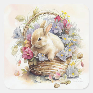 Sticker Carré Panier de lapin blanc fleurs roses violettes Pâque