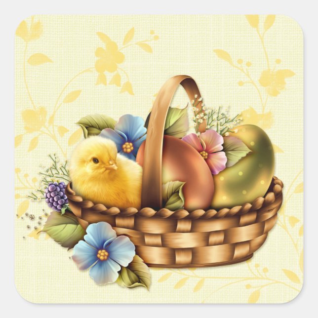 Sticker Carré Panier de Pâques avec oeufs et poussins (Devant)