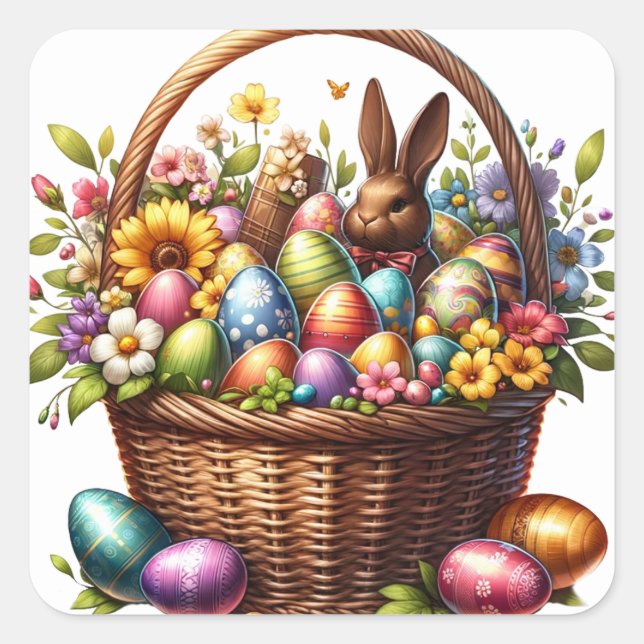 Sticker Carré Panier de Pâques de printemps Chocolat Lapin Œufs  (Devant)
