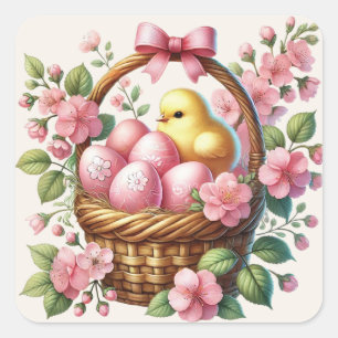 Sticker Carré Panier de Pâques Œufs Roses Poussin Jaune