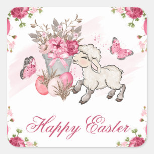 Sticker Carré Panier floral rose et agneau mignon Joyeux Pâques