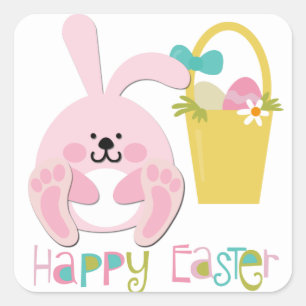 Sticker Carré Panier lapin rose de Pâques