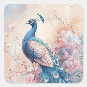 Sticker Carré Paon bleu élégant perché sur une branche fleurie