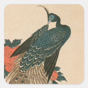Sticker Carré Paon et Pivoines par Hiroshige, Art Japonais