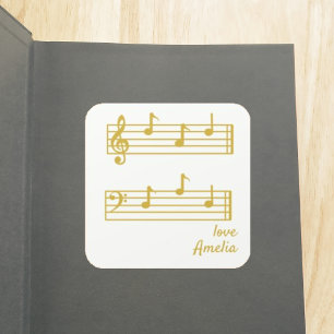 STICKER CARRÉ PAPA GOLD & CREAM NOTES MUSICALES SCORE BOOKPLATE