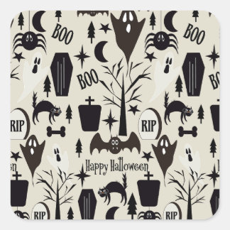 Sticker Carré Papel de regalo Happy Halloween negro