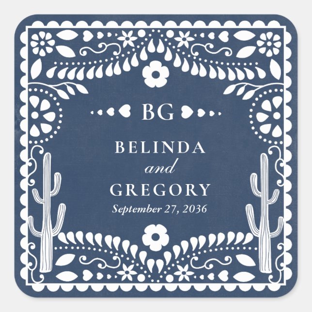 Sticker Carré Papel Picado Boda Mexican Rustic Blue Wedding (Devant)