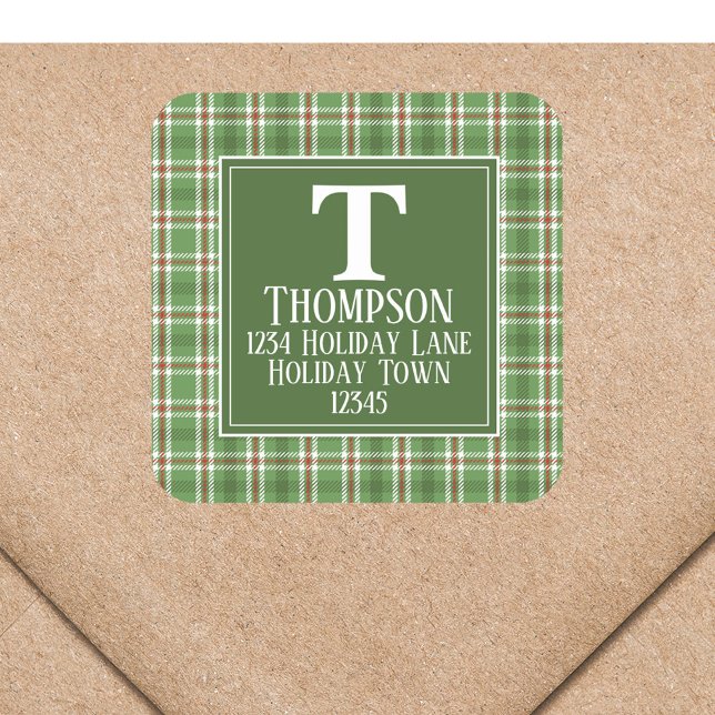 Sticker Carré Papier à en-tête de Noël rustique à carreaux pour  (Christmas green and red plaid return address label with monogram and name. )