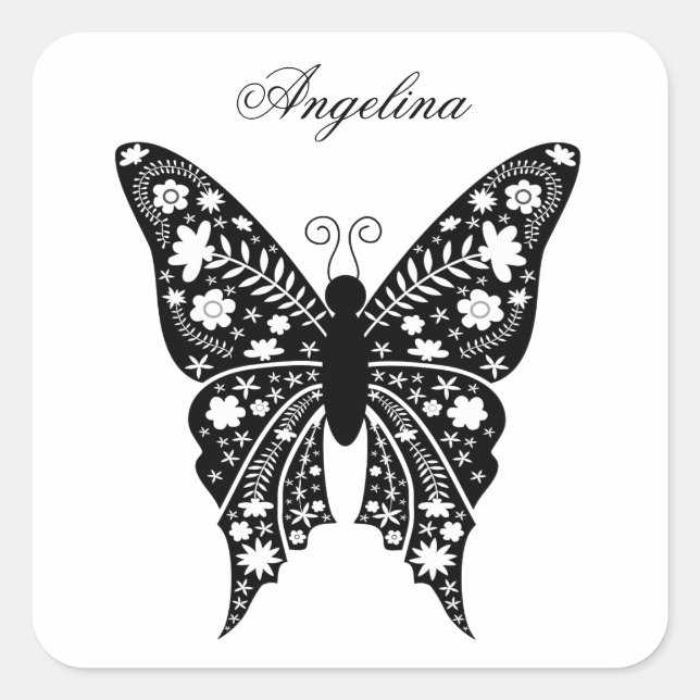 Sticker Carré Papillon Artsy Élégant Nom noir et blanc (Devant)