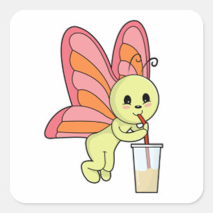 Sticker Carré Papillon avec Boire et Boire paille