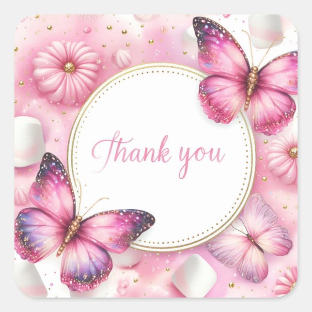 Sticker Carré Papillon bonbon Marshmallow rose - Merci - (Devant)