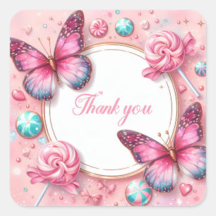 Sticker Carré Papillon de bonbon sucette rose - Merci -