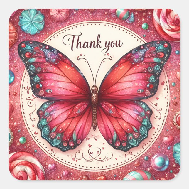 Sticker Carré Papillon de sucrerie Lollipop rouge - Merci - (Devant)
