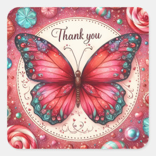 Sticker Carré Papillon de sucrerie Lollipop rouge - Merci -