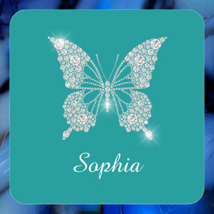 Sticker Carré Papillon Diamant Blanc, Nom du script, Turquoise p
