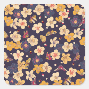 Sticker Carré Papillon en fleurs de cerisier asiatique