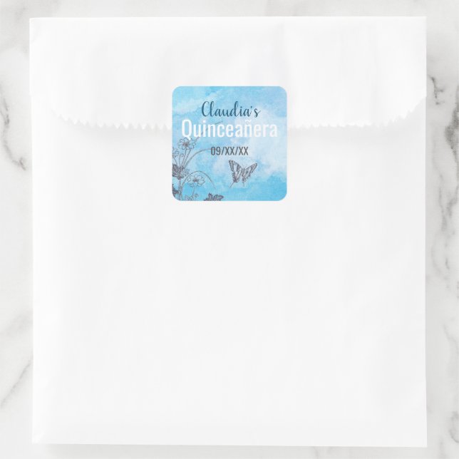 Sticker Carré Papillon et fleurs en argent sur Quinceanera bleu (Sac)