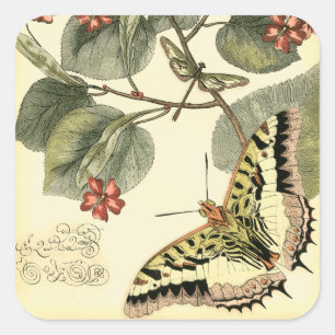 Sticker Carré Papillon et libellule à fleurs rouges