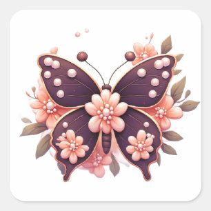 Sticker Carré Papillon floral rose décoratif