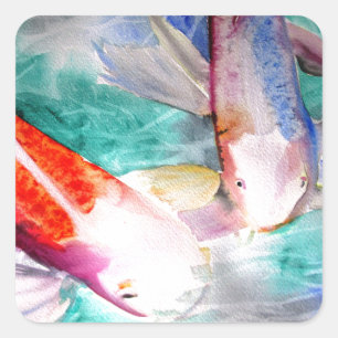 Sticker Carré Papillon Koi aquarelle japonais Poisson Art