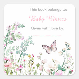 Sticker Carré Papillon vert de printemps Fleurs Baby Shower