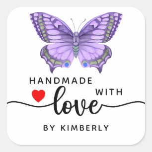 Sticker Carré Papillon violet fait main avec amour blanc